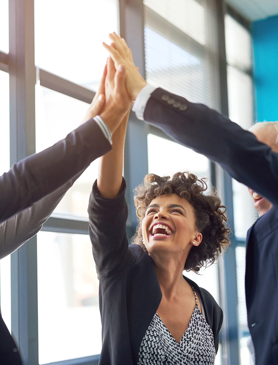 Business people, group high five and celebration in office with