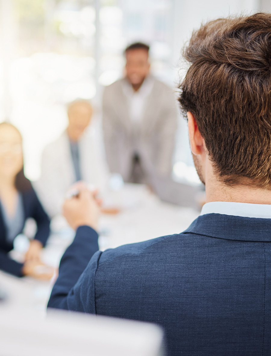 Business people meeting, communication and man with presentation