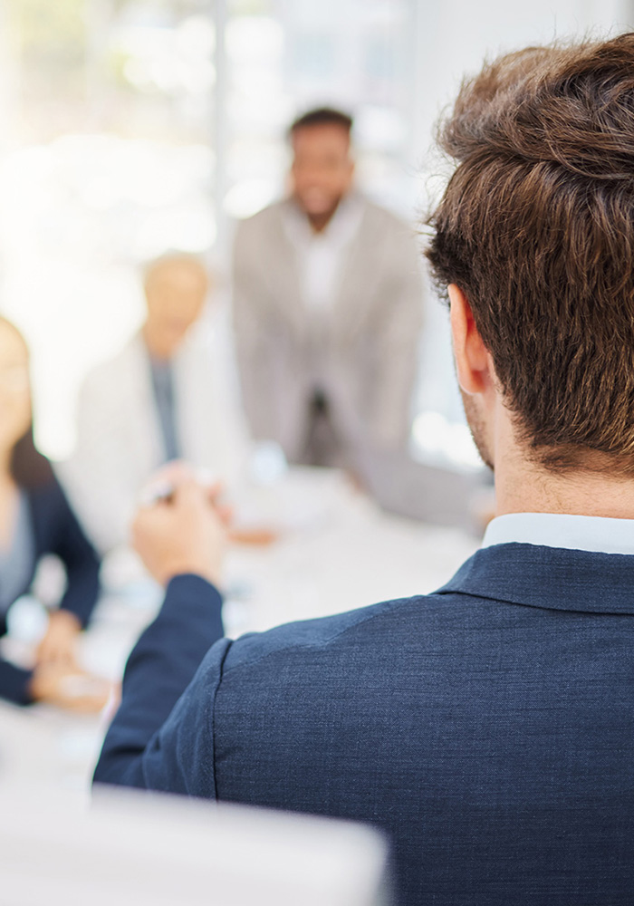 Business people meeting, communication and man with presentation